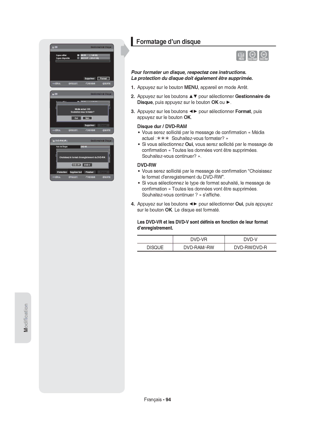 Samsung DVD-HR750/XEF manual Formatage d’un disque, Disque dur / DVD-RAM 