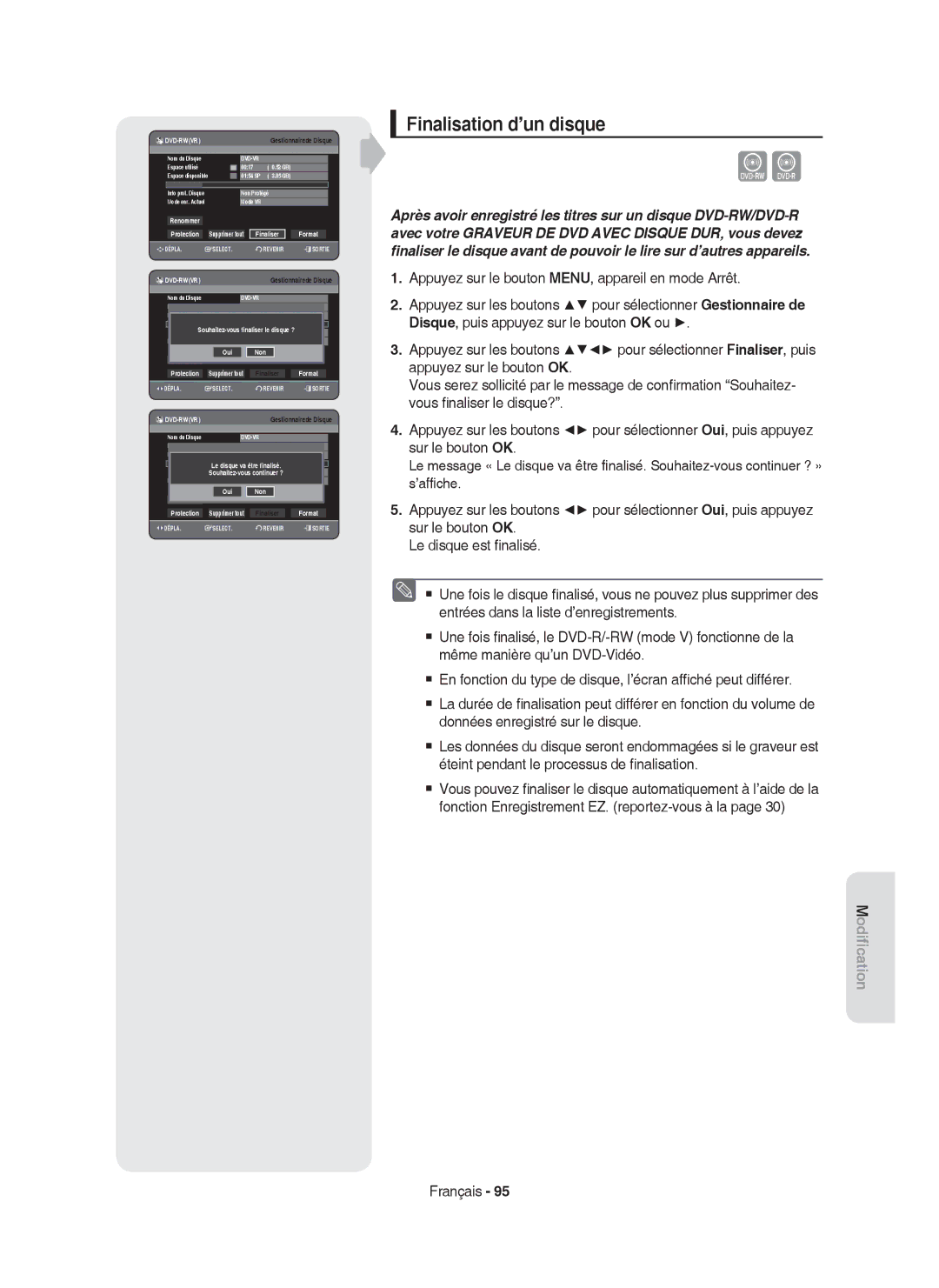 Samsung DVD-HR750/XEF manual Finalisation d’un disque, Finaliser Format 