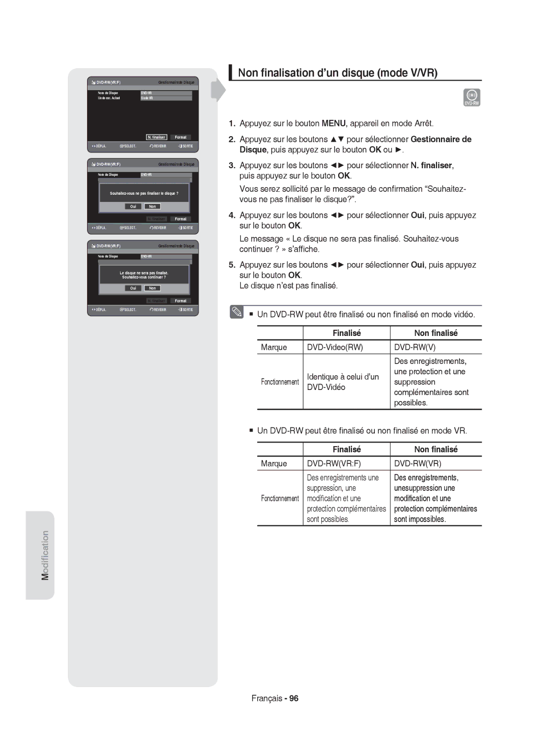 Samsung DVD-HR750/XEF manual Non ﬁnalisation d’un disque mode V/VR, Finalisé Non ﬁnalisé 