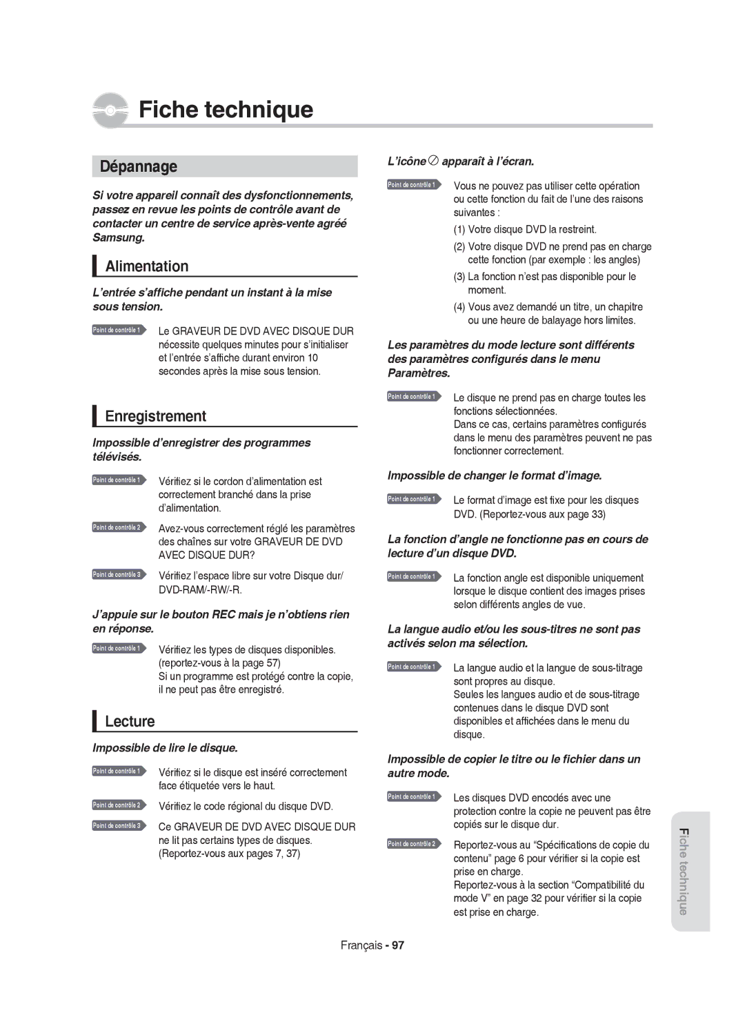 Samsung DVD-HR750/XEF manual Dépannage, Alimentation, Enregistrement, Lecture, Point de contrôle 