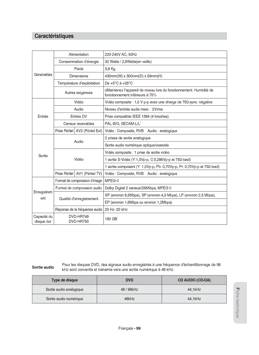 Samsung DVD-HR750/XEF manual Caractéristiques, Sortie audio, Dvd 