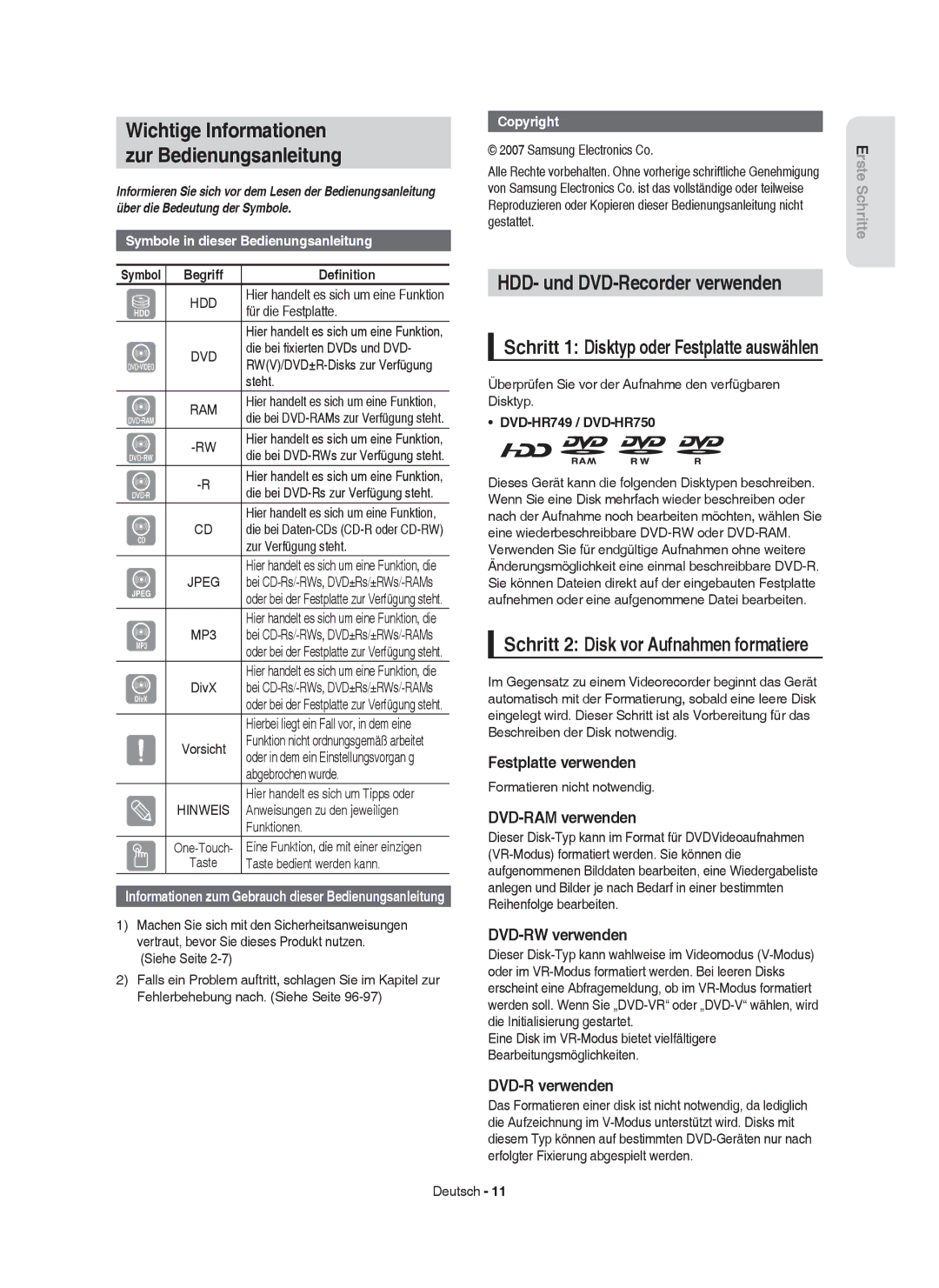 Samsung DVD-HR749/XEG, DVD-HR750/XEG manual Wichtige Informationen Zur Bedienungsanleitung, HDD- und DVD-Recorder verwenden 