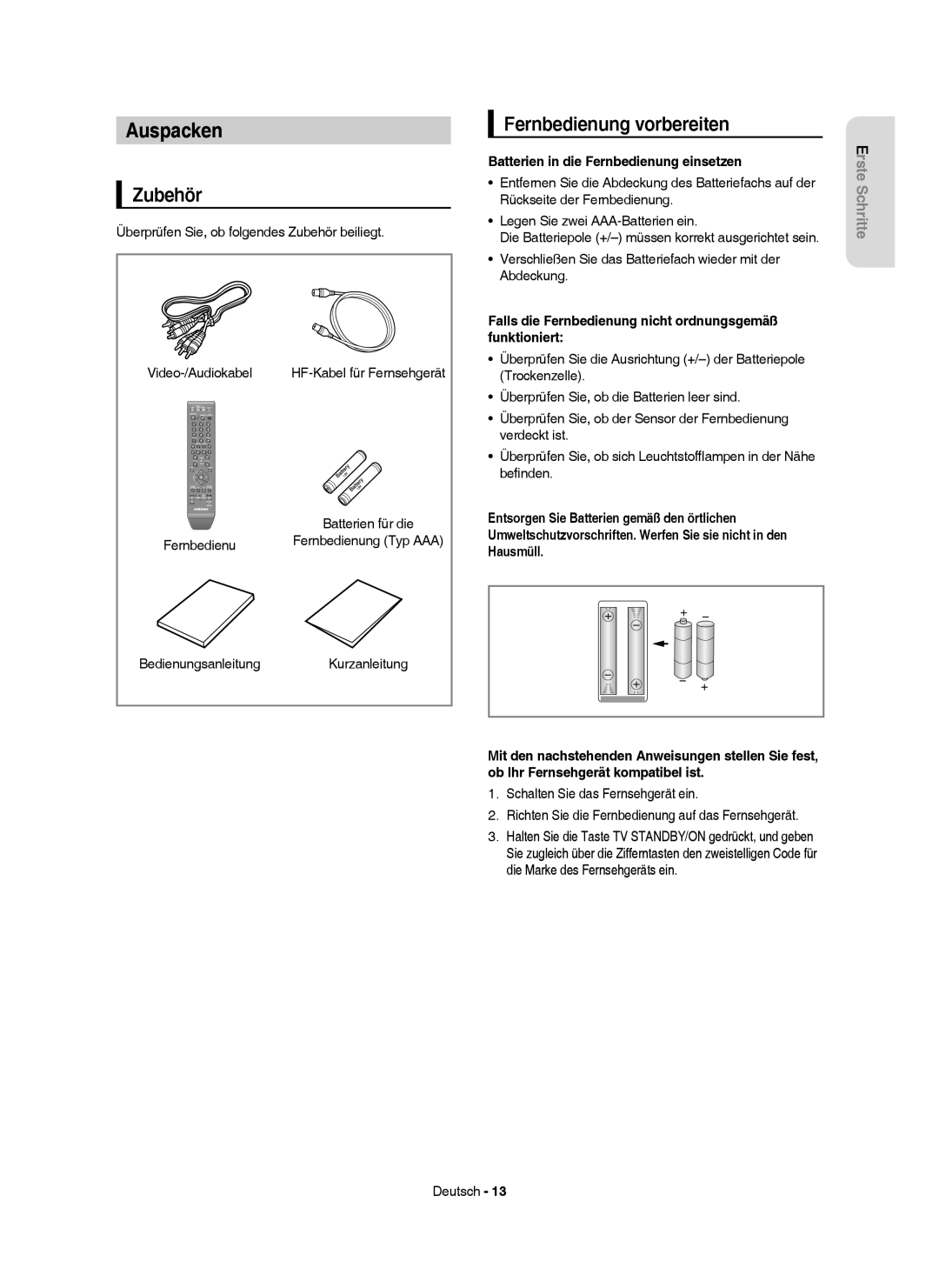 Samsung DVD-HR750/XEB manual Auspacken, Zubehör, Fernbedienung vorbereiten, Batterien in die Fernbedienung einsetzen 