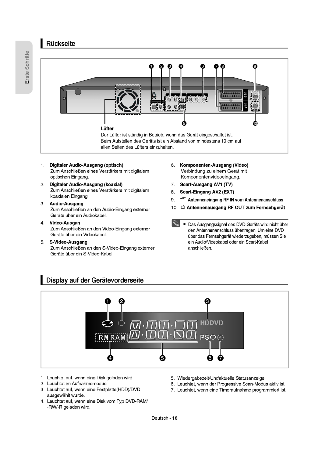 Samsung DVD-HR750/XEG, DVD-HR750/XEB, DVD-HR750/AUS, DVD-HR749/XEG manual Rückseite, Display auf der Gerätevorderseite 