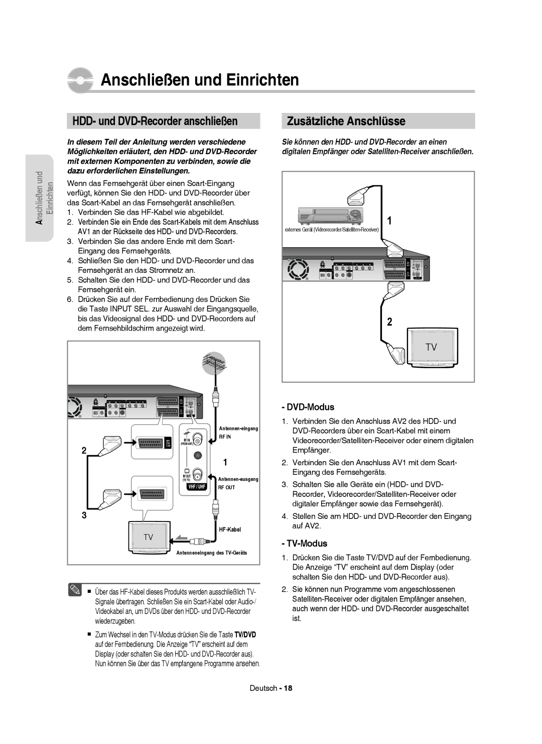 Samsung DVD-HR750/AUS, DVD-HR750/XEG manual HDD- und DVD-Recorder anschließen, Zusätzliche Anschlüsse, DVD-Modus, TV-Modus 