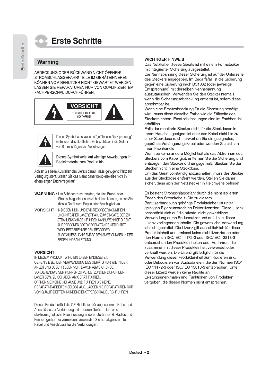 Samsung DVD-HR750/AUS, DVD-HR750/XEG, DVD-HR750/XEB, DVD-HR749/XEG manual Vorsicht, Wichtiger Hinweis 