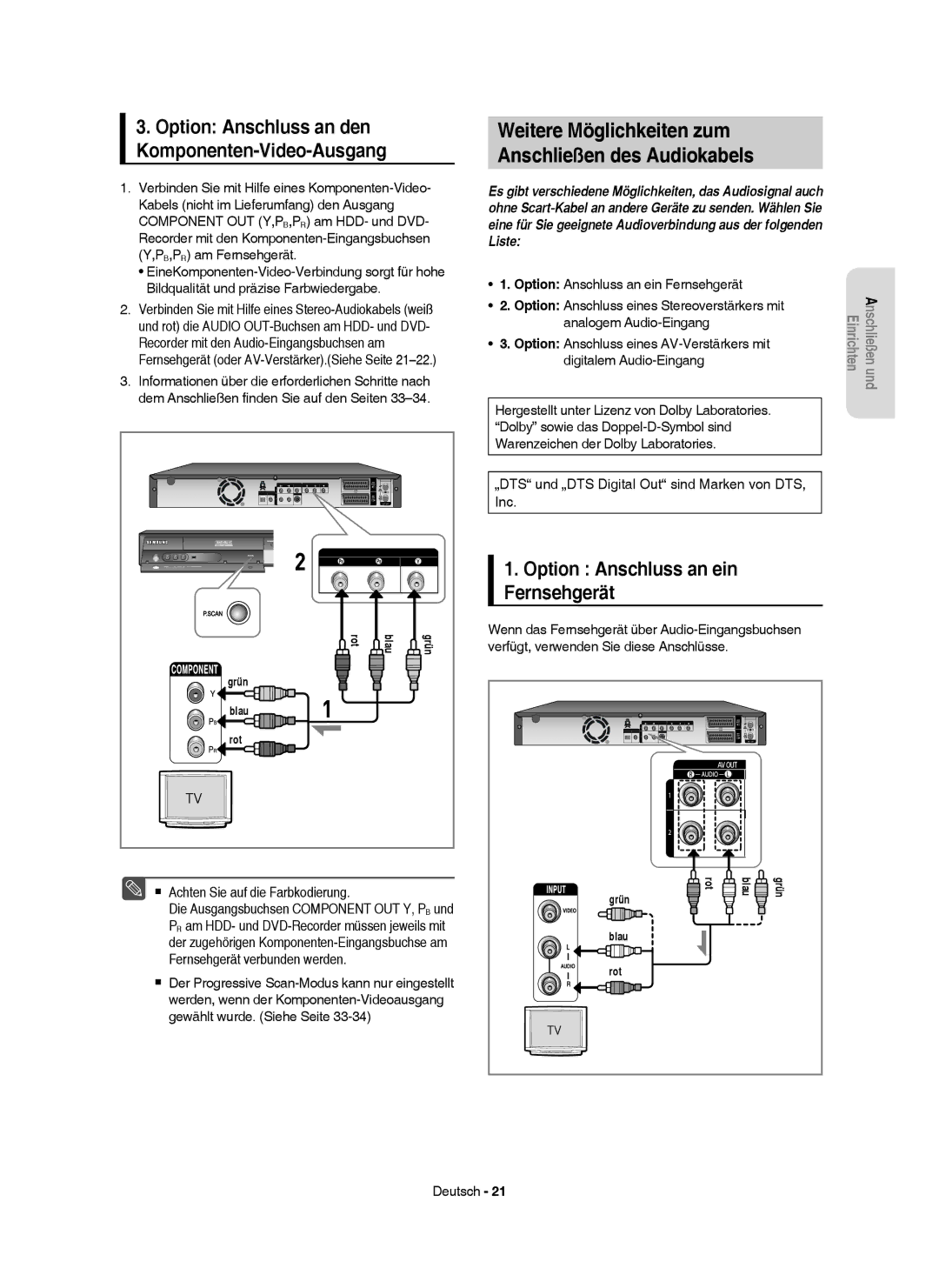 Samsung DVD-HR750/XEB manual Weitere Möglichkeiten zum Anschließen des Audiokabels, Option Anschluss an ein Fernsehgerät 