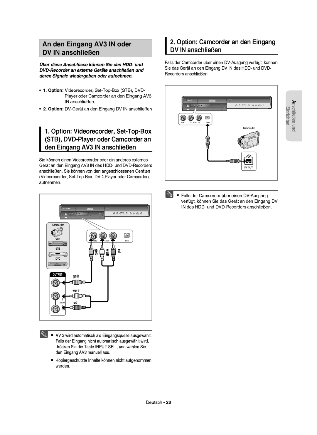 Samsung DVD-HR749/XEG An den Eingang AV3 in oder DV in anschließen, Option Camcorder an den Eingang DV in anschließen 