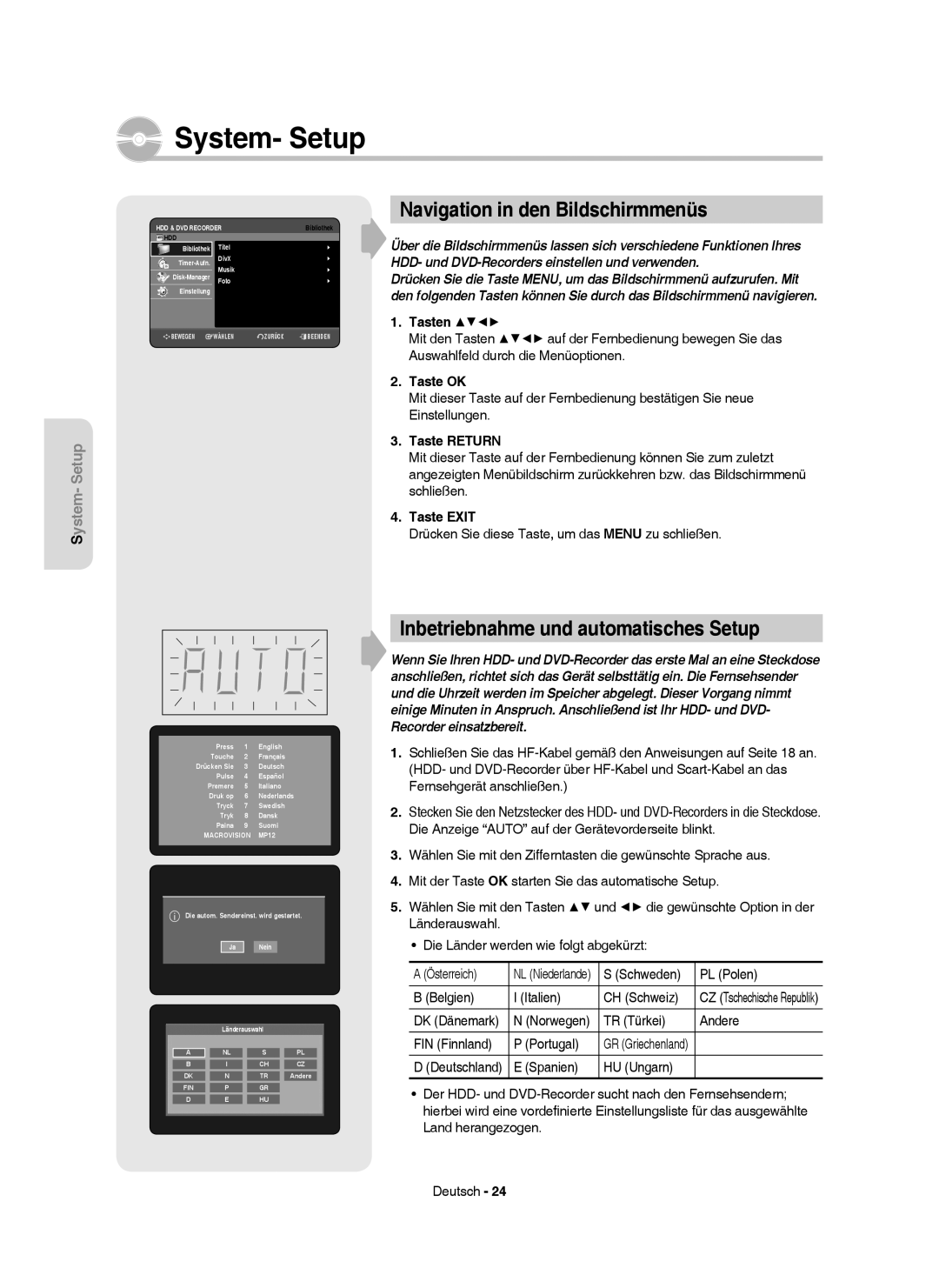 Samsung DVD-HR750/XEG manual Navigation in den Bildschirmmenüs, Inbetriebnahme und automatisches Setup, Tasten, Taste OK 