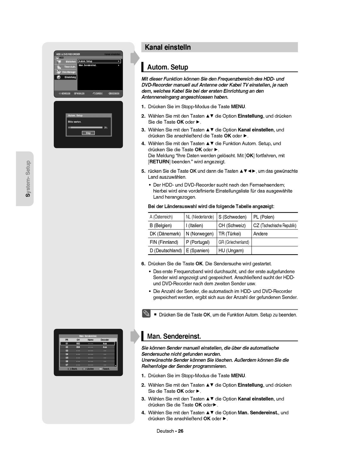 Samsung DVD-HR750/AUS, DVD-HR750/XEG, DVD-HR750/XEB, DVD-HR749/XEG manual Kanal einstelln, Autom. Setup, Man. Sendereinst 