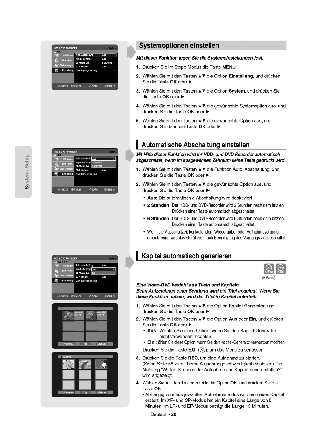 Samsung DVD-HR750/XEG manual Systemoptionen einstellen, Automatische Abschaltung einstellen, Kapitel automatisch generieren 