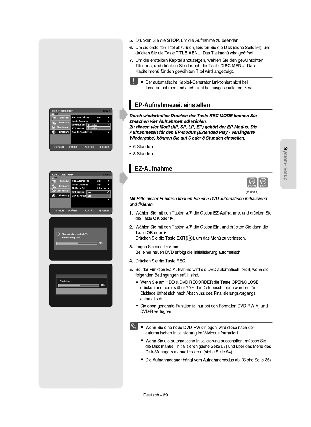 Samsung DVD-HR750/XEB EP-Aufnahmezeit einstellen, EZ-Aufnahme, Drücken Sie die STOP, um die Aufnahme zu beenden, Stunden 