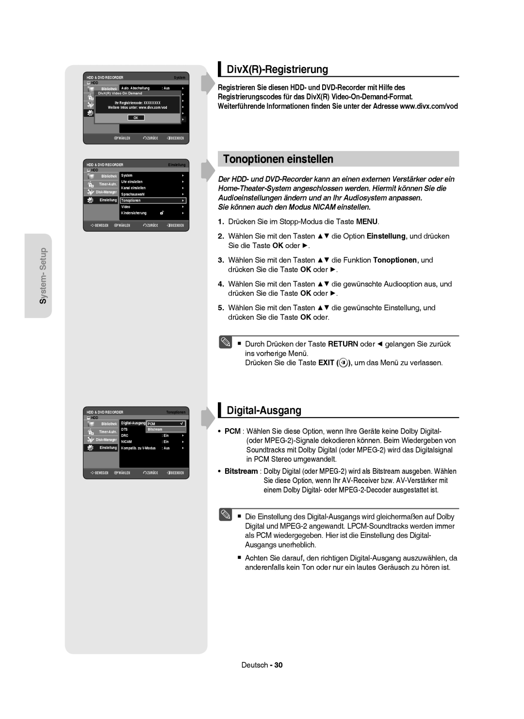 Samsung DVD-HR750/AUS, DVD-HR750/XEG, DVD-HR750/XEB manual Tonoptionen einstellen, DivXR-Registrierung, Digital-Ausgang 