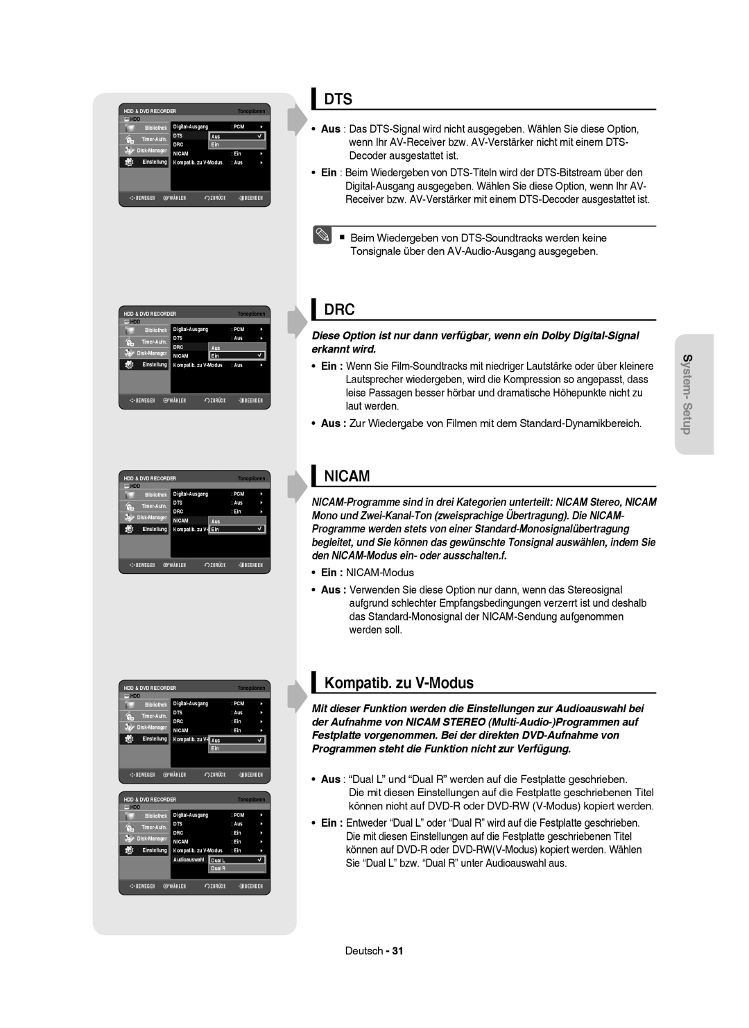 Samsung DVD-HR749/XEG manual Kompatib. zu V-Modus, Aus Dual L und Dual R werden auf die Festplatte geschrieben, Pcm 