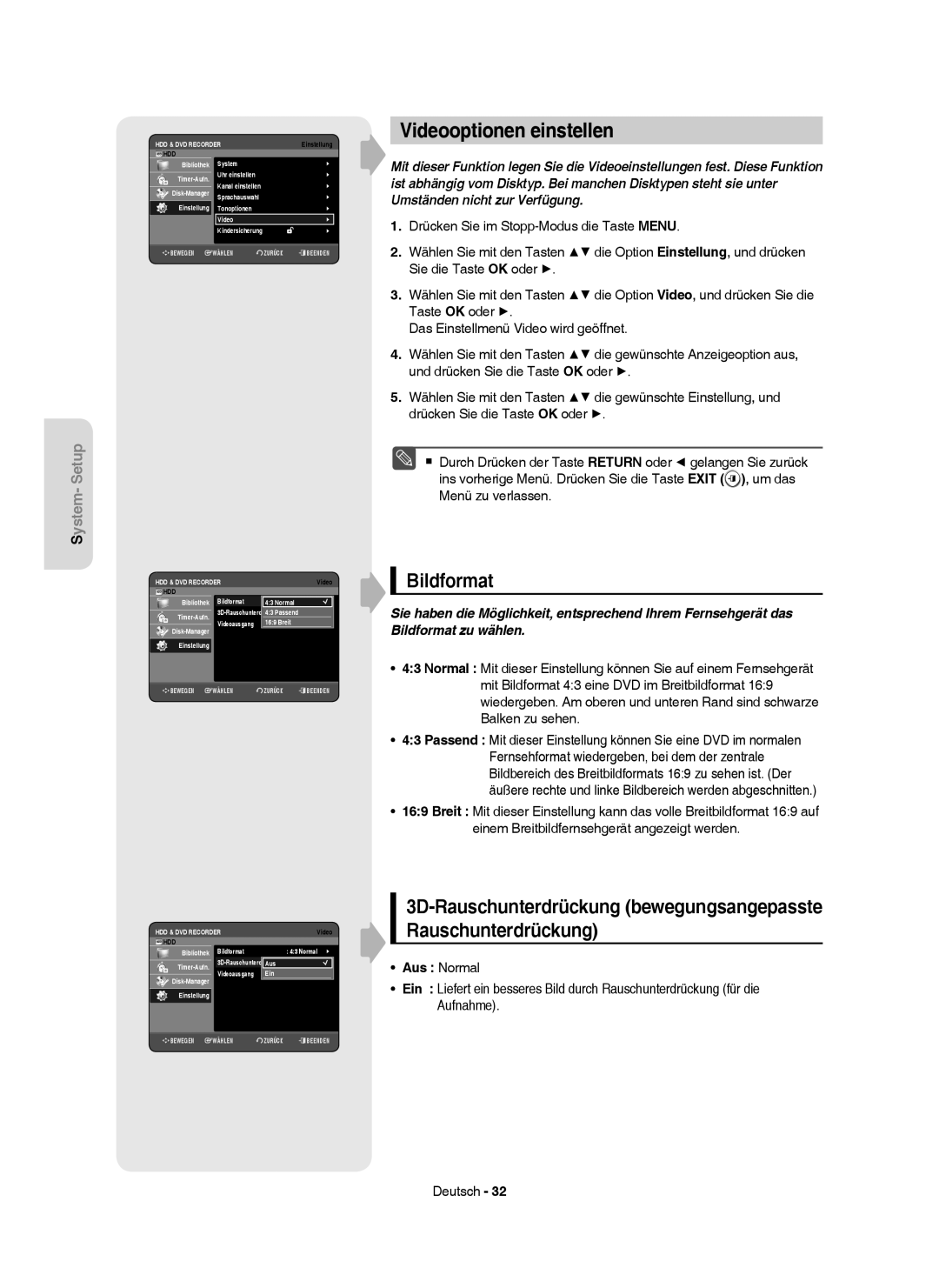 Samsung DVD-HR750/XEG, DVD-HR750/XEB, DVD-HR750/AUS, DVD-HR749/XEG manual Videooptionen einstellen, Bildformat, Aus Normal 