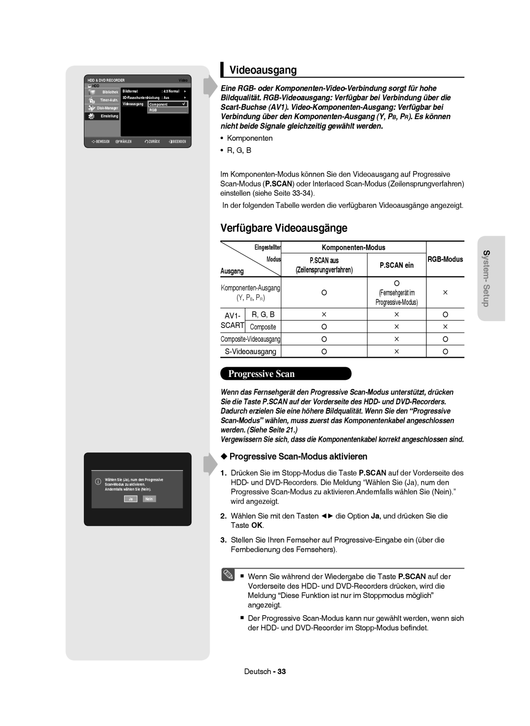 Samsung DVD-HR750/XEB manual Videoausgang, Verfügbare Videoausgänge, Progressive Scan-Modus aktivieren, Komponenten-Modus 