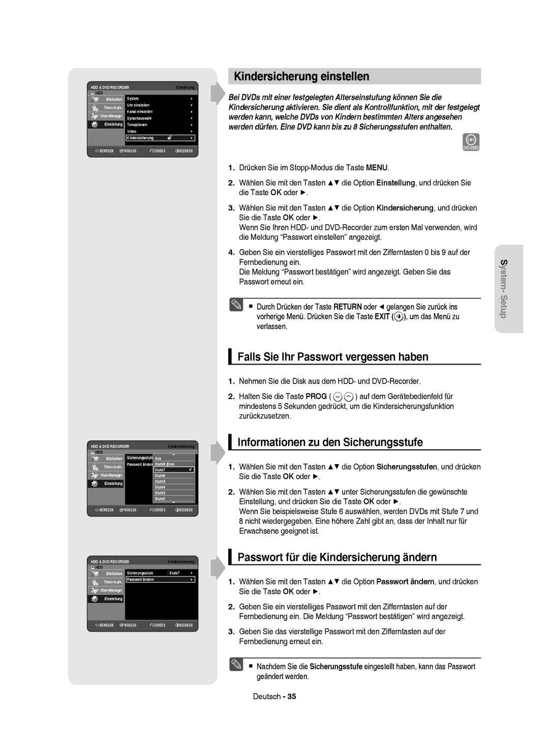 Samsung DVD-HR749/XEG, DVD-HR750/XEG, DVD-HR750/XEB manual Kindersicherung einstellen, Falls Sie Ihr Passwort vergessen haben 