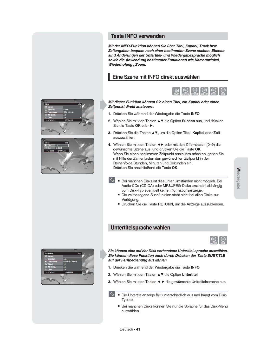 Samsung DVD-HR750/XEB Taste Info verwenden, Untertitelsprache wählen, Eine Szene mit Info direkt auswählen, Dvd-Video 