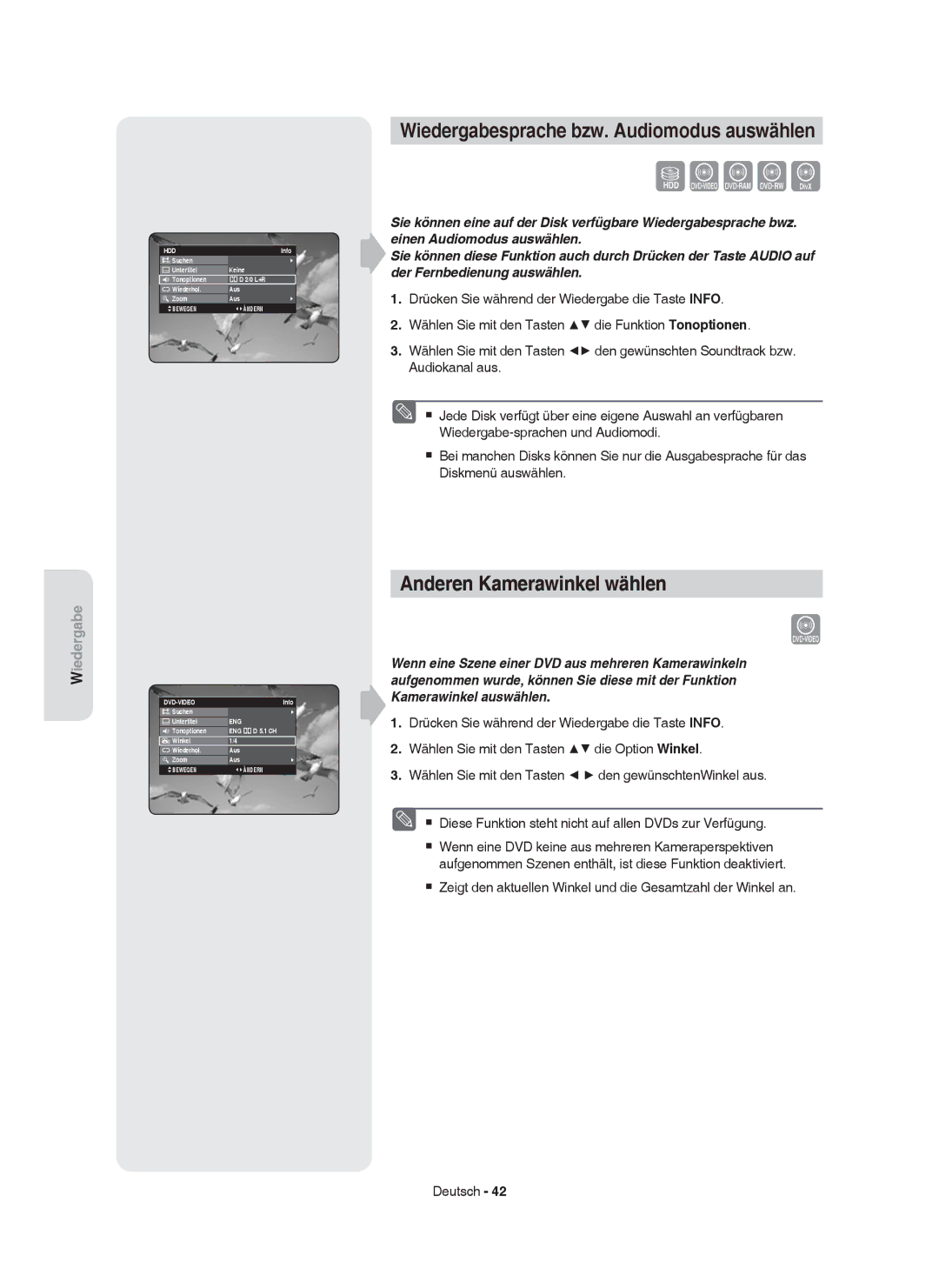 Samsung DVD-HR750/AUS Wiedergabesprache bzw. Audiomodus auswählen, Anderen Kamerawinkel wählen, Suchen Untertitel, Eng 