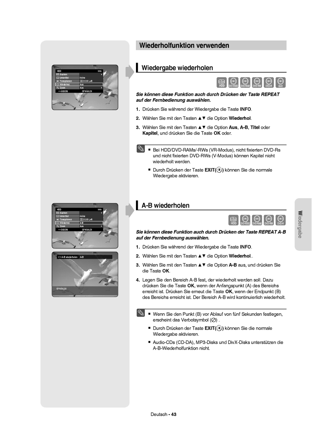 Samsung DVD-HR749/XEG, DVD-HR750/XEG Wiederholfunktion verwenden, Wiedergabe wiederholen, Wiederholen, B wiederholen A-B 