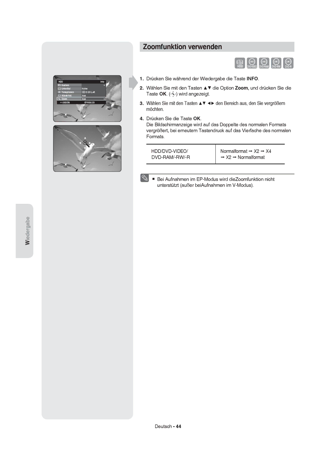 Samsung DVD-HR750/XEG, DVD-HR750/XEB, DVD-HR750/AUS, DVD-HR749/XEG Zoomfunktion verwenden, Normalformat X2, X2 Normalformat 