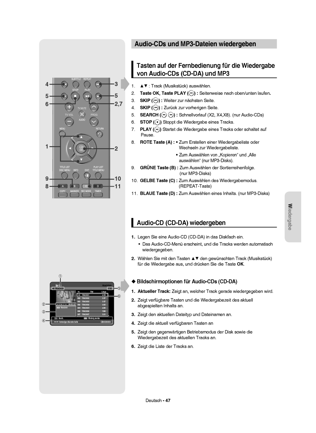 Samsung DVD-HR749/XEG, DVD-HR750/XEG manual Audio-CDs und MP3-Dateien wiedergeben, Audio-CD CD-DA wiedergeben, TRACK01 