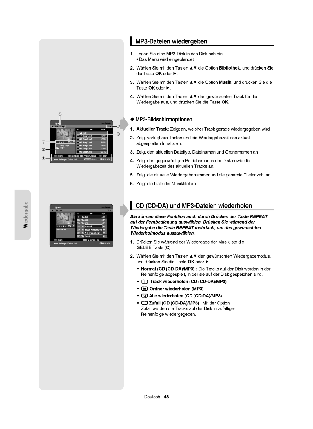 Samsung DVD-HR750/XEG, DVD-HR750/XEB MP3-Dateien wiedergeben, CD CD-DA und MP3-Dateien wiederholen, MP3-Bildschirmoptionen 