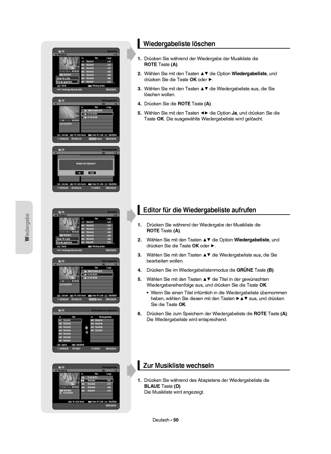 Samsung DVD-HR750/AUS Wiedergabeliste löschen, Editor für die Wiedergabeliste aufrufen, Zur Musikliste wechseln, TRACK04 