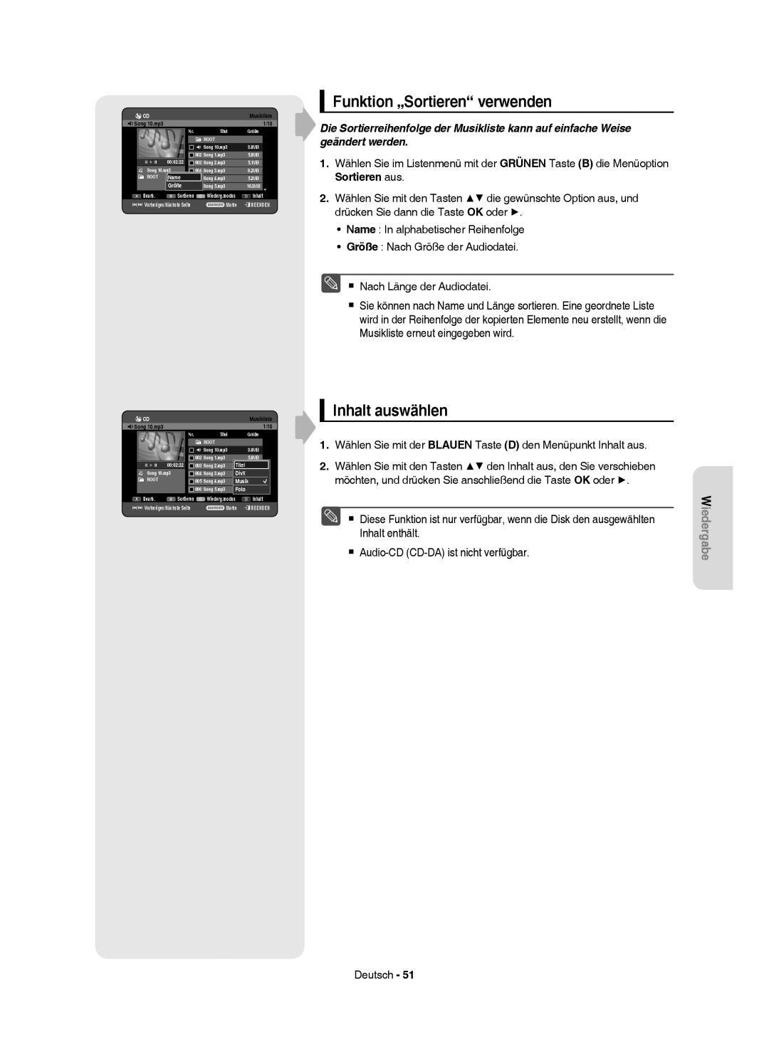 Samsung DVD-HR749/XEG, DVD-HR750/XEG, DVD-HR750/XEB, DVD-HR750/AUS Funktion „Sortieren verwenden, Inhalt auswählen, Größe 