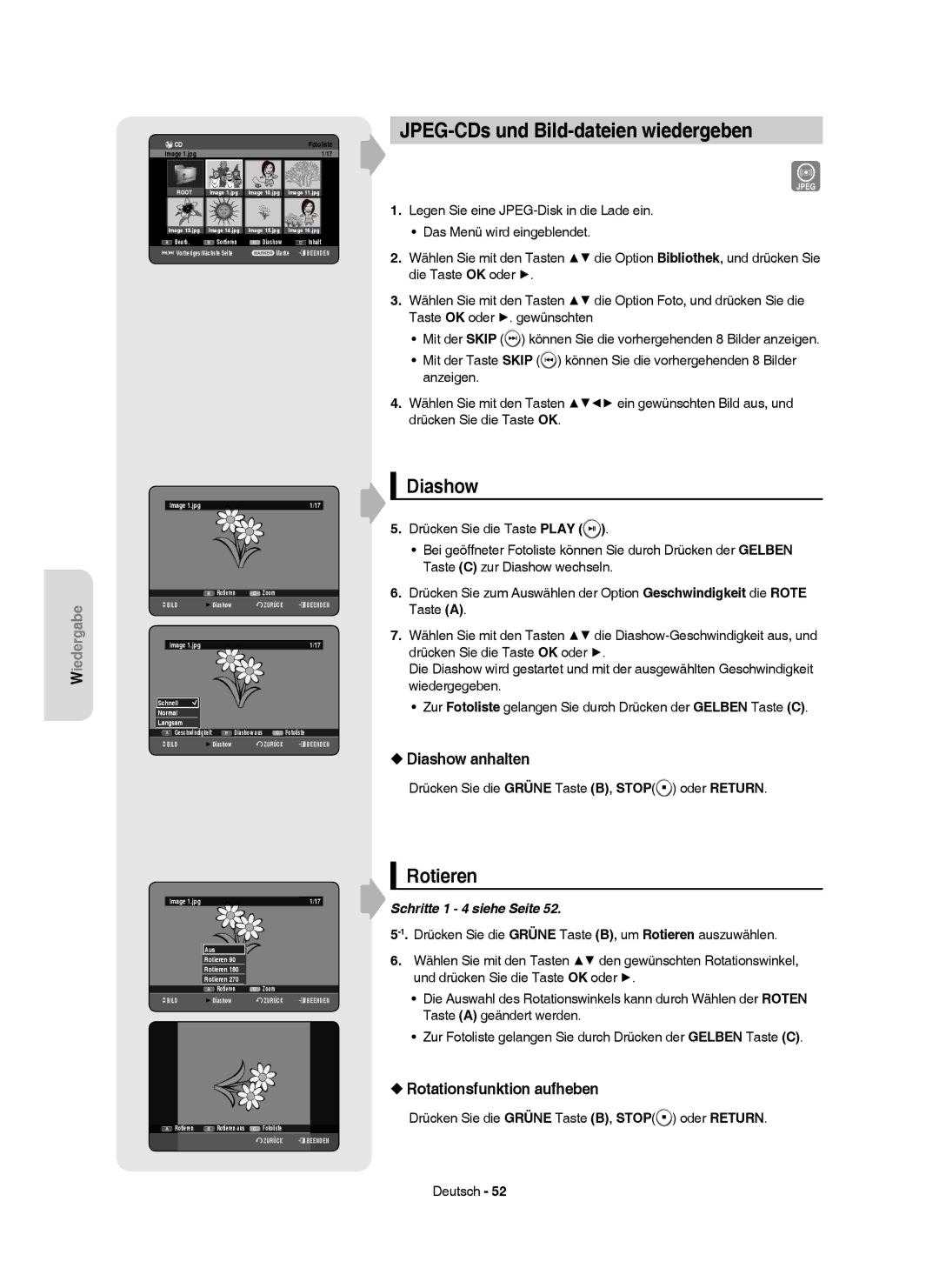 Samsung DVD-HR750/XEG JPEG-CDs und Bild-dateien wiedergeben, Rotieren, Diashow anhalten, Rotationsfunktion aufheben 