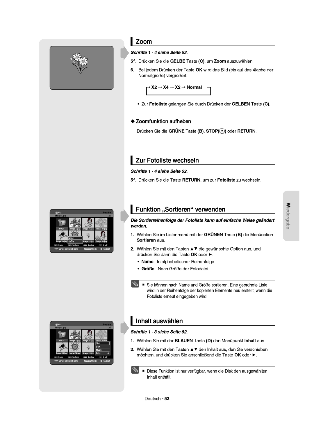 Samsung DVD-HR750/XEB, DVD-HR750/XEG, DVD-HR750/AUS manual Zur Fotoliste wechseln, Zoomfunktion aufheben, X2 X4 X2 Normal 