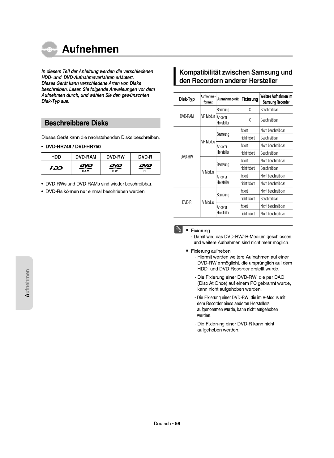 Samsung DVD-HR750/XEG, DVD-HR750/XEB, DVD-HR750/AUS, DVD-HR749/XEG manual Beschreibbare Disks, Hdd Dvd-Ram Dvd-Rw, Disk-Typ 