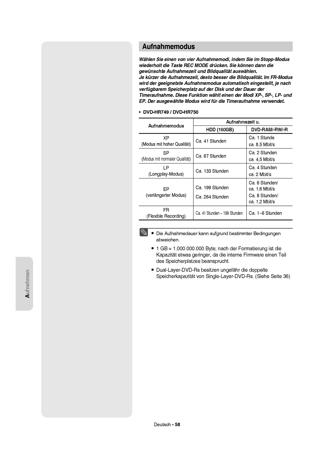 Samsung DVD-HR750/AUS, DVD-HR750/XEG, DVD-HR750/XEB, DVD-HR749/XEG manual Aufnahmemodus, Dvd-Ram/-Rw/-R 