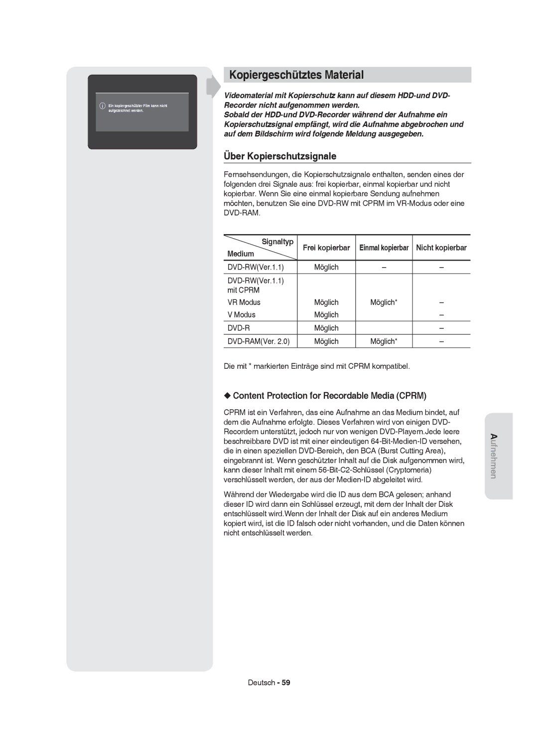 Samsung DVD-HR749/XEG Kopiergeschütztes Material, Über Kopierschutzsignale, Content Protection for Recordable Media Cprm 