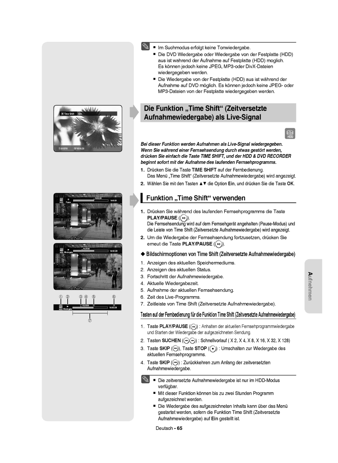 Samsung DVD-HR750/XEB manual Funktion „Time Shift verwenden,  Im Suchmodus erfolgt keine Tonwiedergabe, Play/Pause 