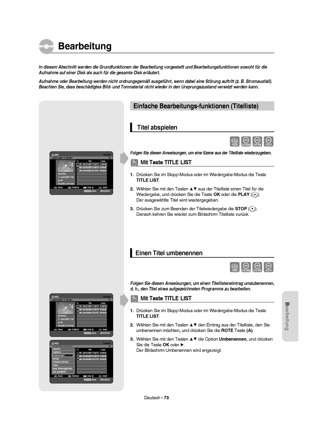 Samsung DVD-HR750/XEB Einfache Bearbeitungs-funktionen Titelliste, Titel abspielen, Einen Titel umbenennen, Title List 