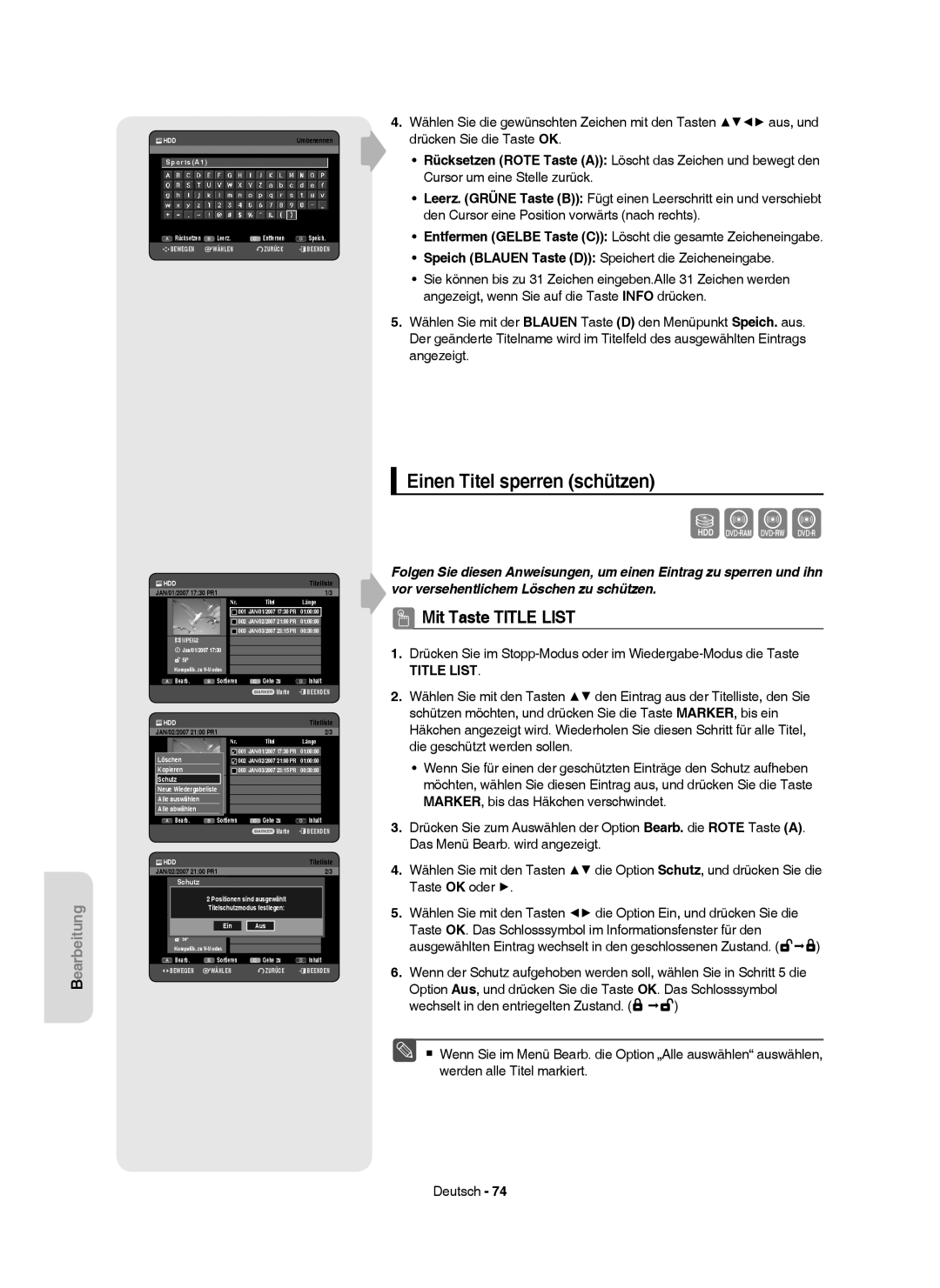 Samsung DVD-HR750/AUS Einen Titel sperren schützen, SportsA1, Schutz Neue Wiedergabeliste4 Jan/02/2007 Alle auswählen1 SP 