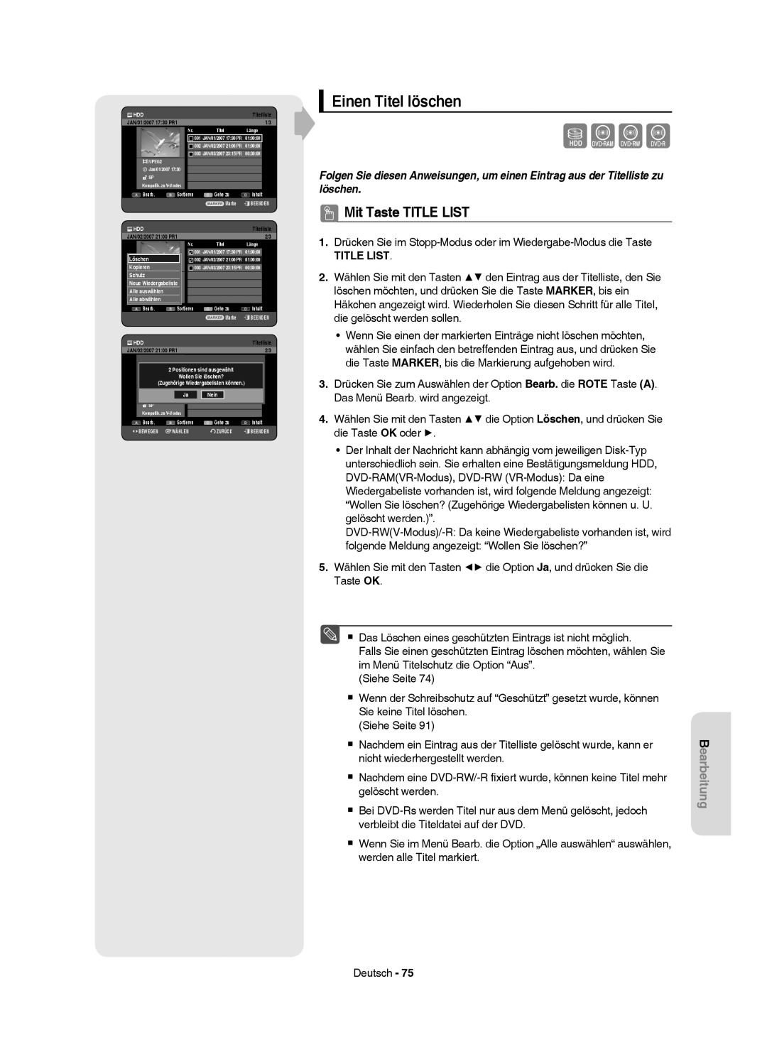 Samsung DVD-HR749/XEG, DVD-HR750/XEG manual Einen Titel löschen, JAN/02/2007 2100 PR1, Schutz 3 MPEG2, Alle auswählen 1 SP 