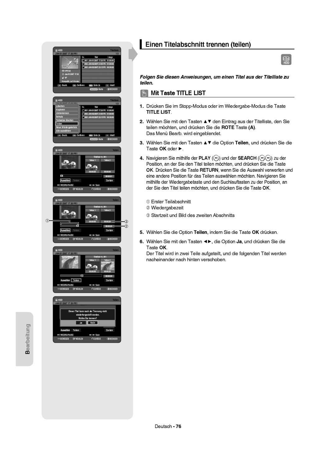 Samsung DVD-HR750/XEG, DVD-HR750/XEB, DVD-HR750/AUS, DVD-HR749/XEG manual Einen Titelabschnitt trennen teilen 