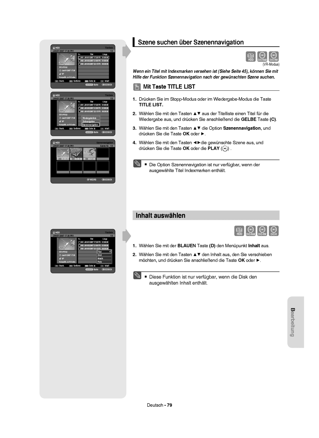 Samsung DVD-HR749/XEG, DVD-HR750/XEG manual Inhalt auswählen, Szene suchen über Szenennavigation, 01 000005 02 000035 03 