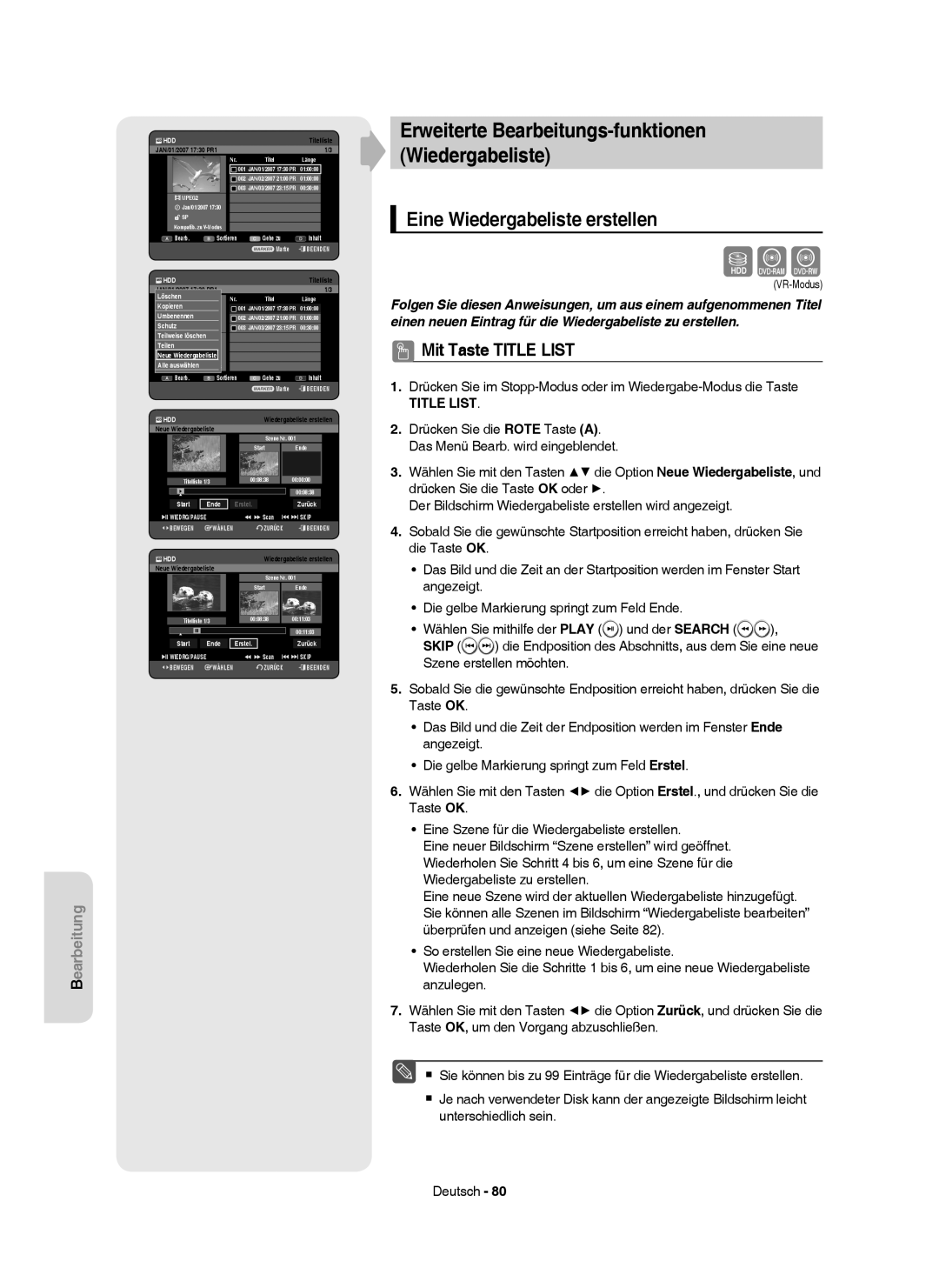 Samsung DVD-HR750/XEG, DVD-HR750/XEB Erweiterte Bearbeitungs-funktionen Wiedergabeliste, Eine Wiedergabeliste erstellen 