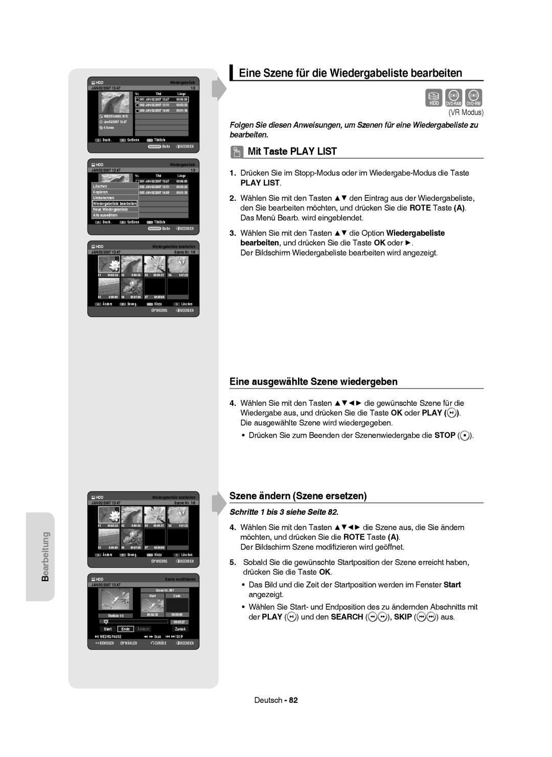 Samsung DVD-HR750/AUS, DVD-HR750/XEG Eine Szene für die Wiedergabeliste bearbeiten, Eine ausgewählte Szene wiedergeben 