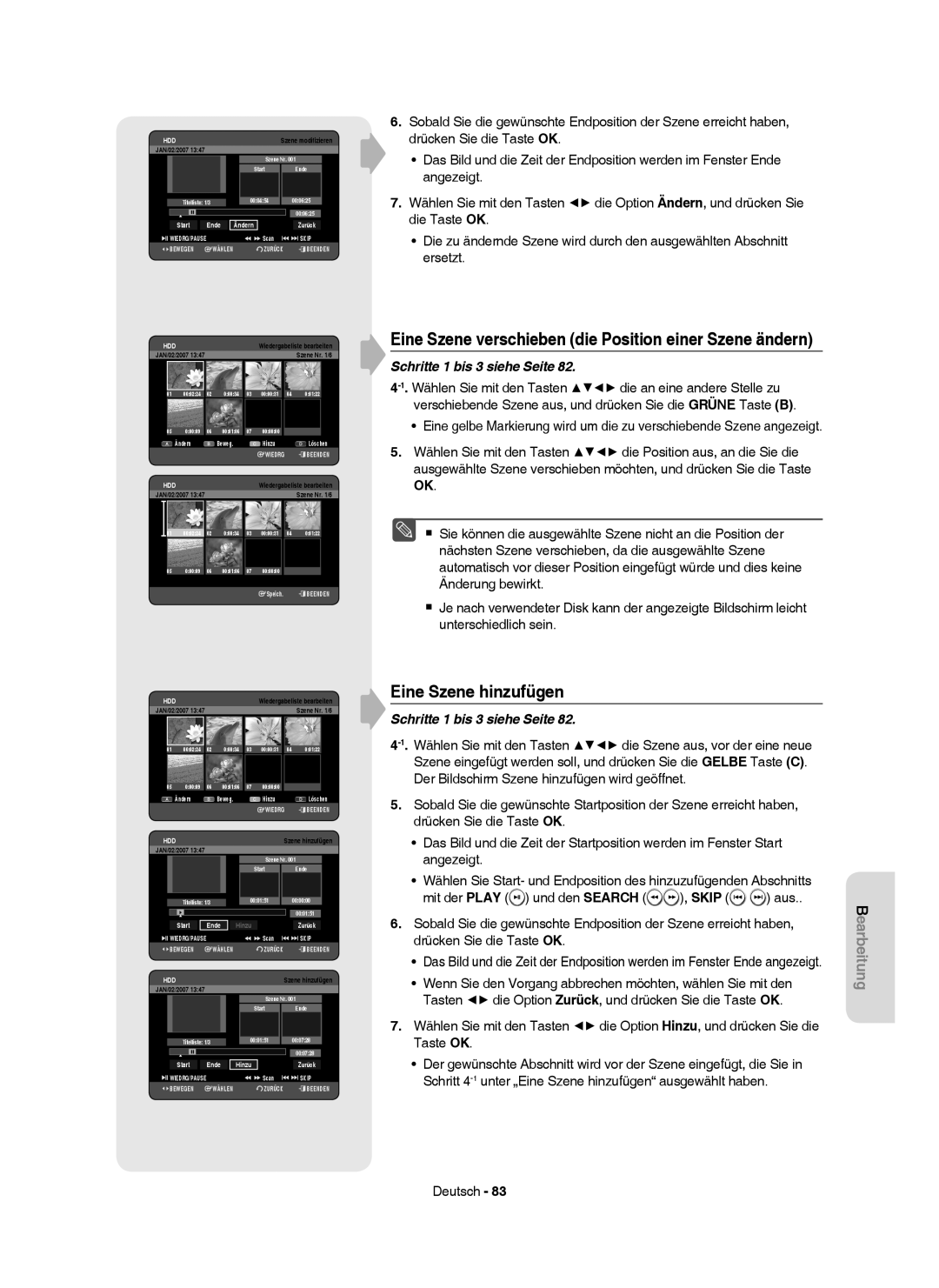 Samsung DVD-HR749/XEG Eine Szene hinzufügen, Eine Szene verschieben die Position einer Szene ändern, Start Ende Hinzu 