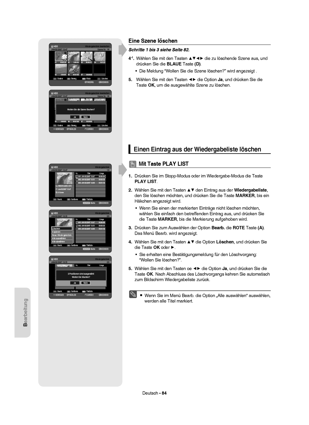 Samsung DVD-HR750/XEG, DVD-HR750/XEB manual Einen Eintrag aus der Wiedergabeliste löschen, Eine Szene löschen, Szene Nr /6 