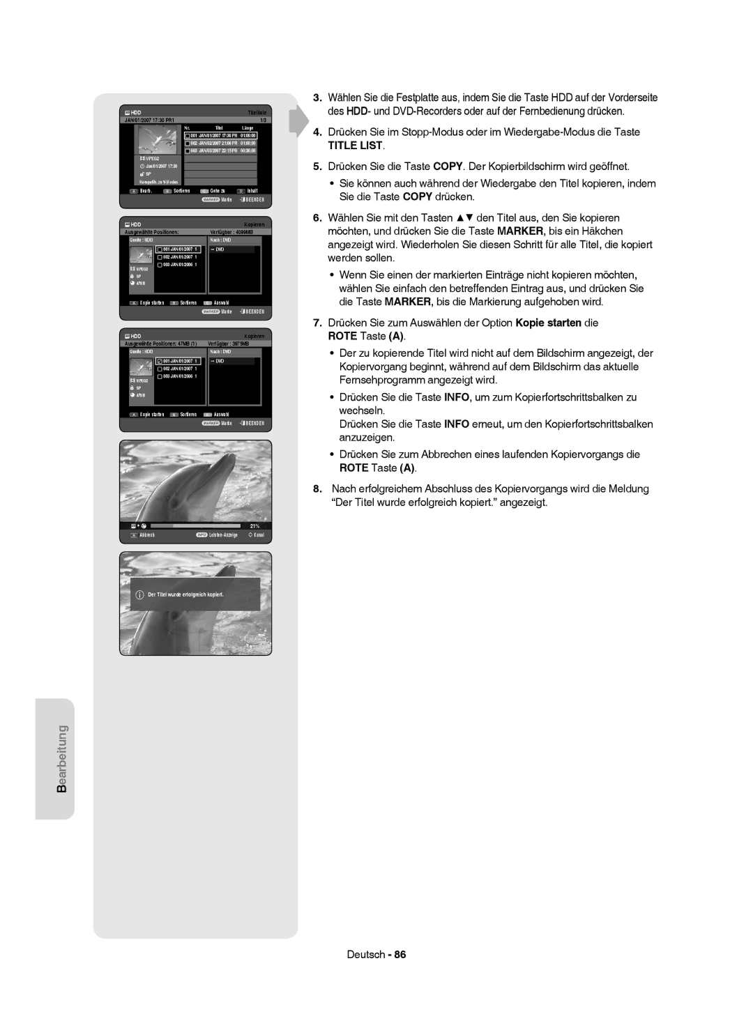 Samsung DVD-HR750/AUS, DVD-HR750/XEG, DVD-HR750/XEB manual Verfügbar 3975MB, 21%, Der Titel wurde erfolgreich kopiert 