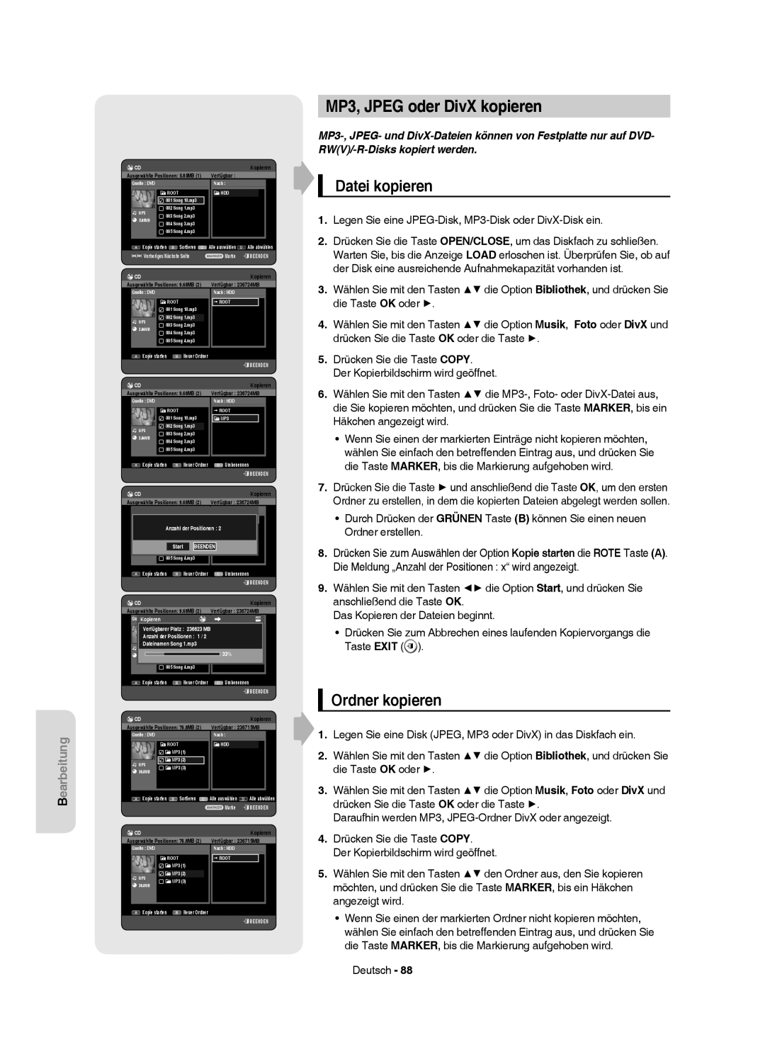 Samsung DVD-HR750/XEG, DVD-HR750/XEB, DVD-HR750/AUS manual MP3, Jpeg oder DivX kopieren, Datei kopieren, Ordner kopieren 