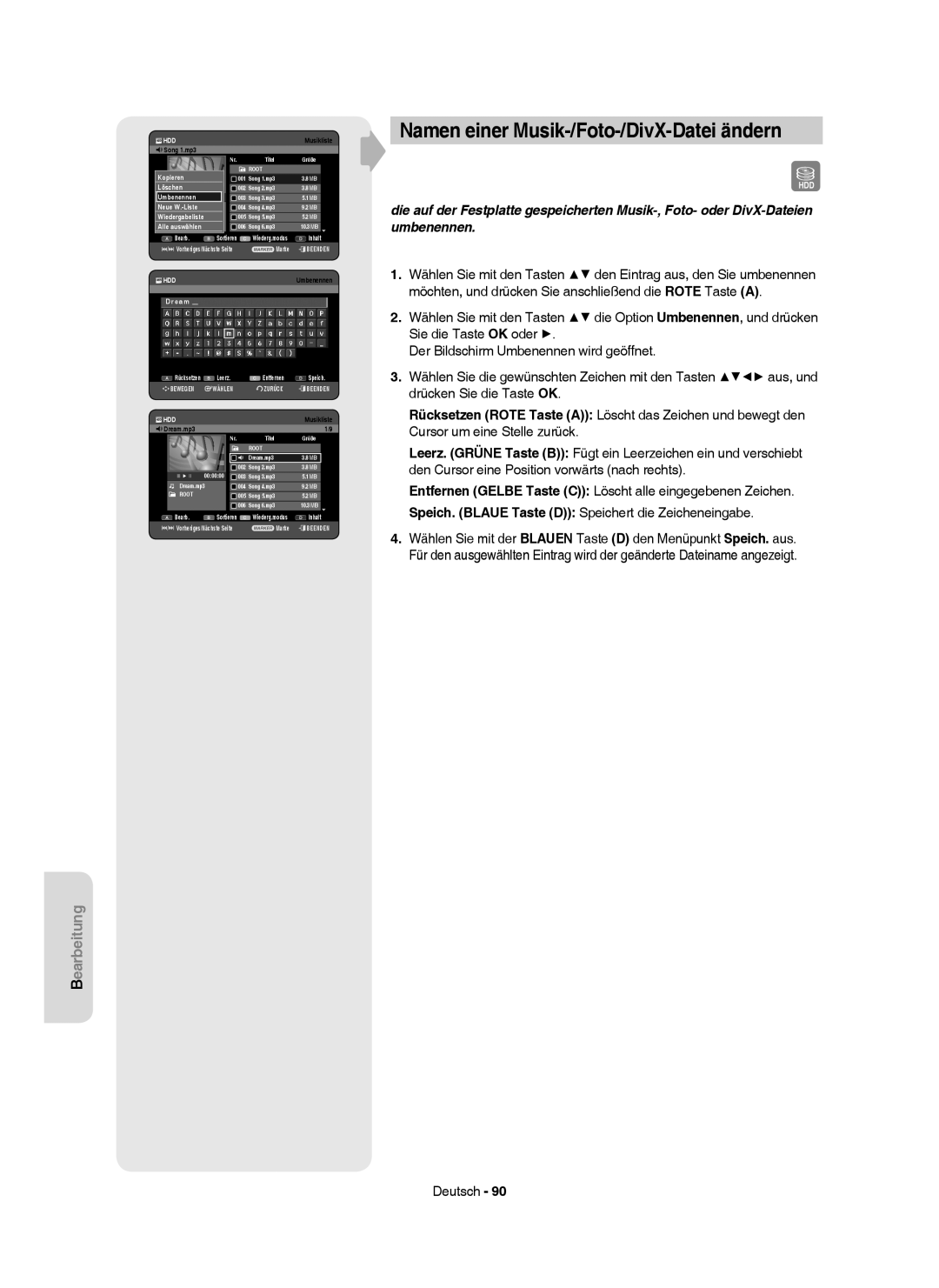 Samsung DVD-HR750/AUS, DVD-HR750/XEG Namen einer Musik-/Foto-/DivX-Datei ändern, Wiedergabeliste Alle auswählen, Dream 