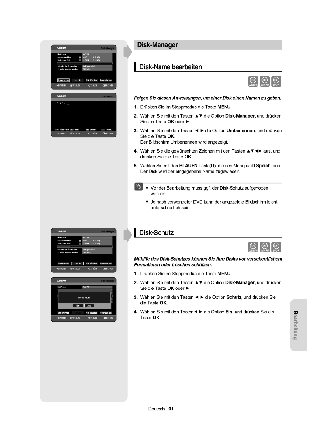 Samsung DVD-HR749/XEG manual Disk-Manager, Disk-Name bearbeiten, Disk-Schutz, Drücken Sie im Stoppmodus die Taste Menu 