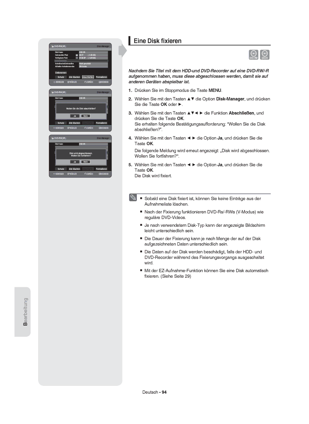 Samsung DVD-HR750/AUS, DVD-HR750/XEG, DVD-HR750/XEB, DVD-HR749/XEG manual Eine Disk ﬁxieren, Dvd-Rwvr 