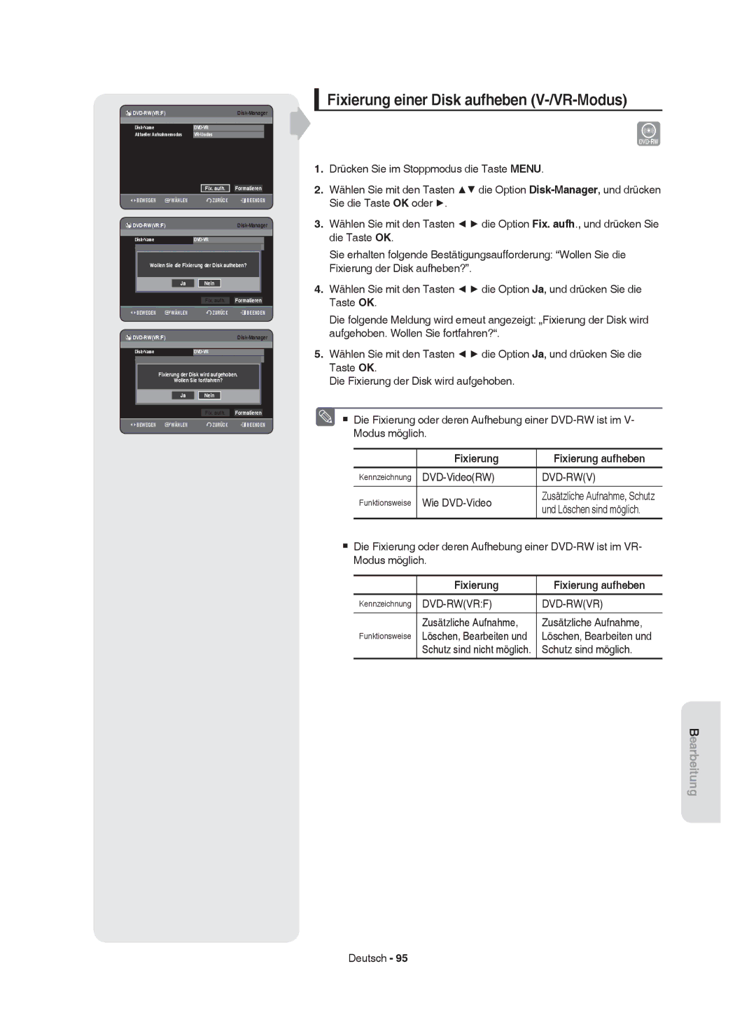 Samsung DVD-HR749/XEG, DVD-HR750/XEG, DVD-HR750/XEB Fixierung einer Disk aufheben V-/VR-Modus, Fixierung Fixierung aufheben 